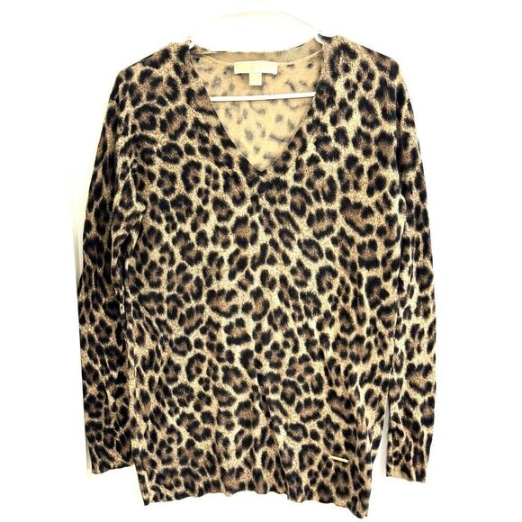Michael Kors Medium Cotton Blend V-neck Leopard Print Sweater SZ M GUC - Picture 1 of 4